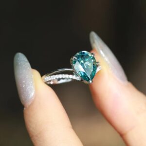 Blue Pear Moissanite Diamond Ring