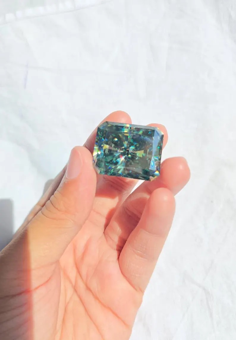 Blue Green Radiant Cut Moissanite